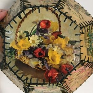 Vtg Handmade Basket from Greeting Cards floral birds blanket stitch AMAZING EUC